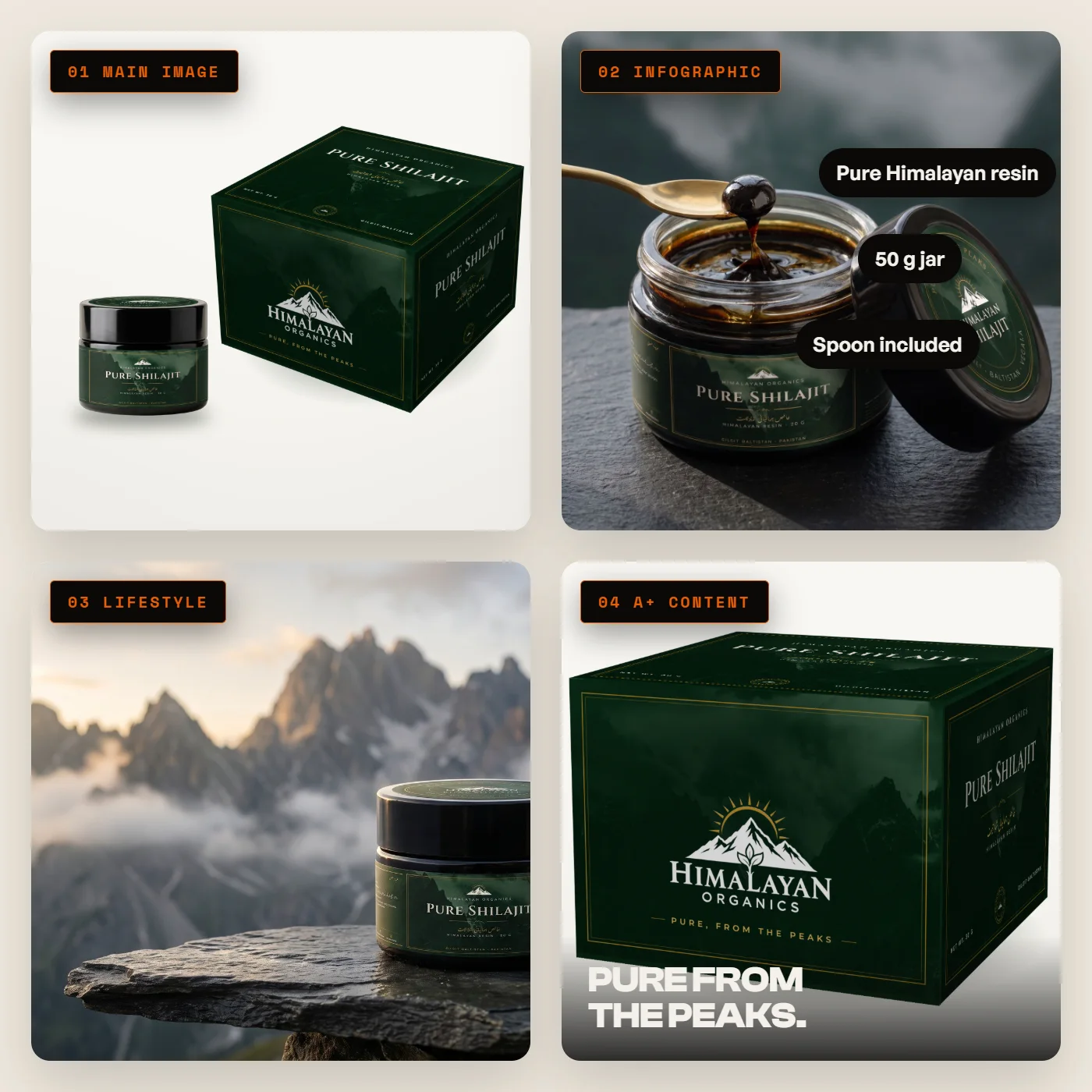 Amazon listing image stack: main image, infographic, lifestyle and A+ content