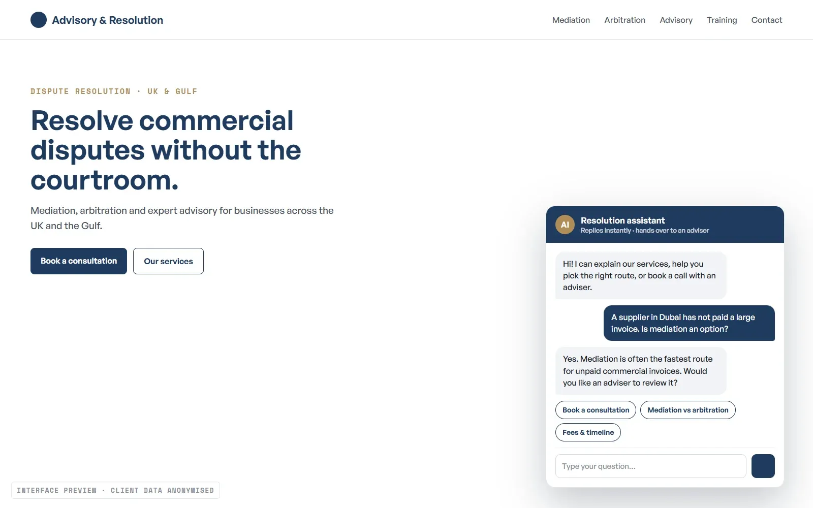 AI website assistant: An AI assistant that answers, qualifies and books the consultation.